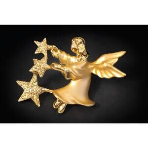 Vintage Signed Gigi Angel Brooch Pin 1.5" Matte Gold‎ Rhinestone Christmas h-101